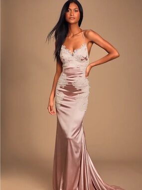 Lulus Fantasy Come True Mauve Pink Lace Satin Lace-Up Maxi Dress